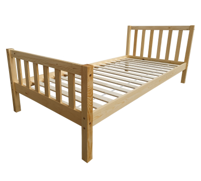 Rustic wooden bed, natural wood color, solid pine, 90x200 cm, with slatted base